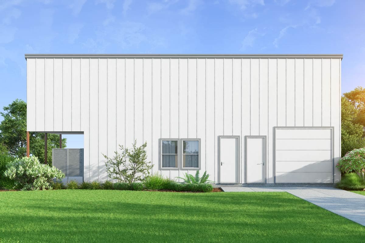 House plan exterior with vertical siding. Features a rectangular design, flat roof, and a garage door to the right of two entry doors.