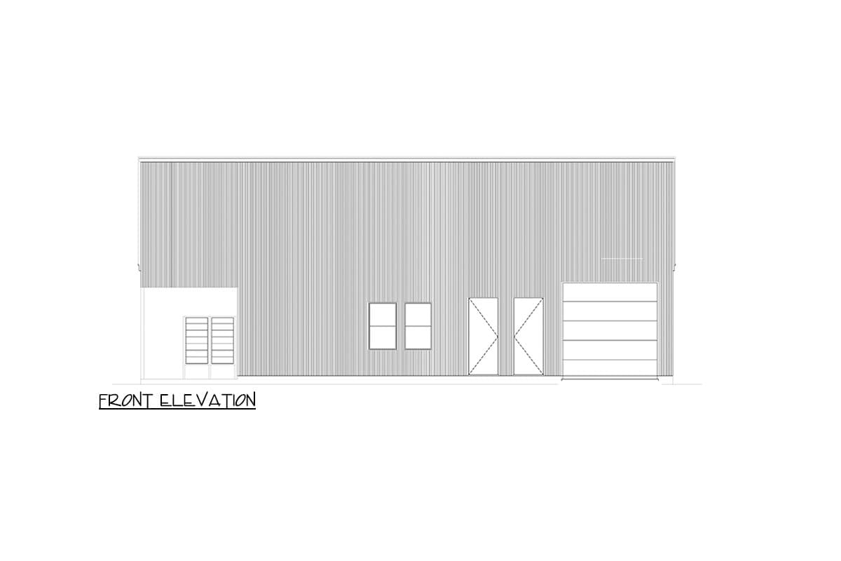 Front elevation drawing showing a building with ribbed siding, two windows, two doors, and a garage door.