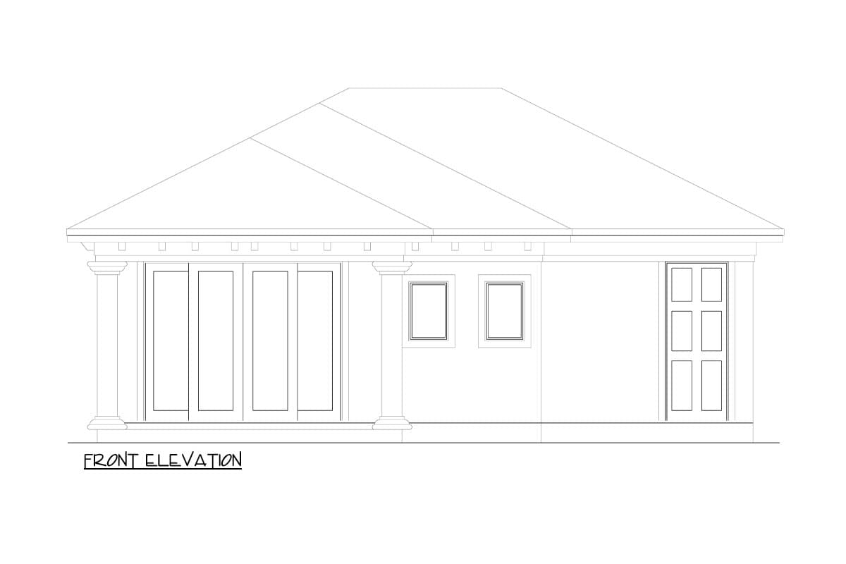 Front elevation drawing of a single-story house with a hip roof, multiple glass doors, two square windows, and a paneled door.