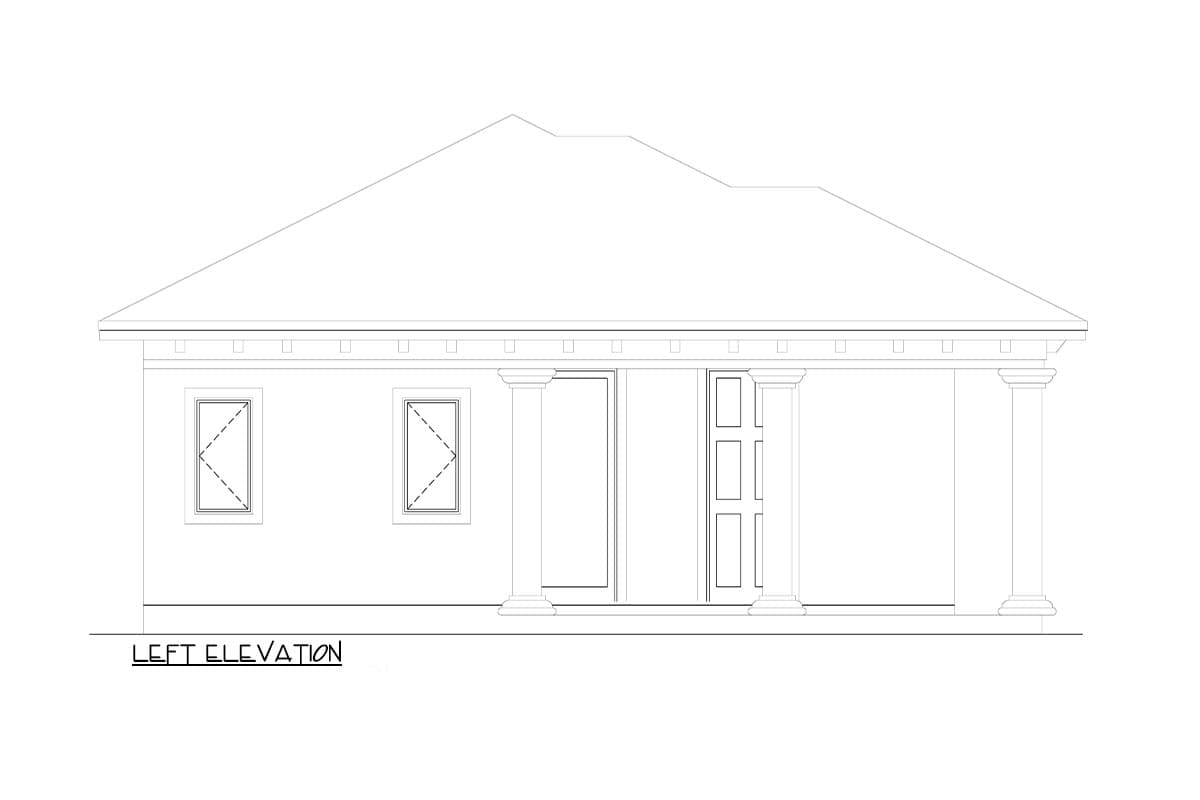 Left elevation drawing of a house plan featuring two windows, a front door, and a porch supported by columns.