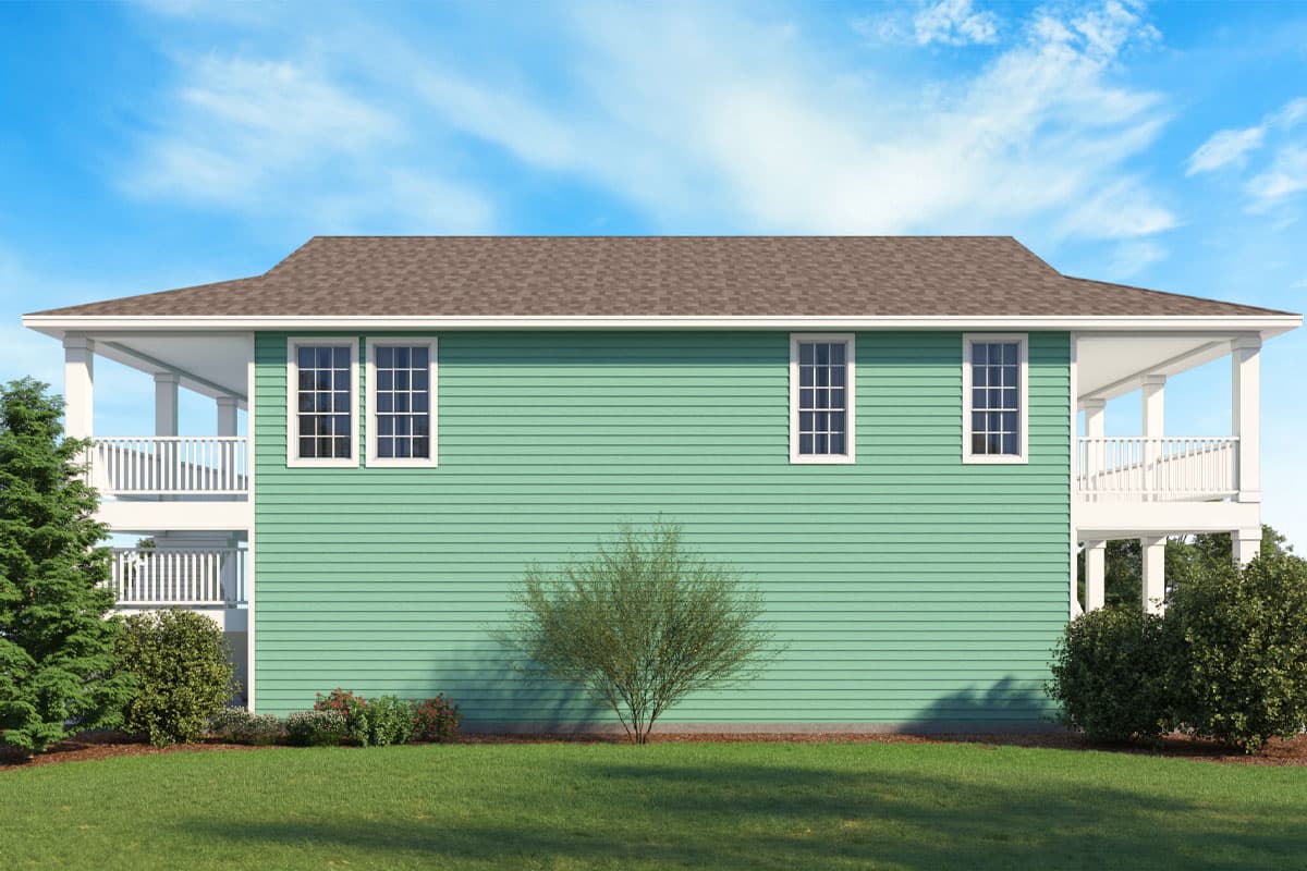 House plan exterior: Two-story home with wrap-around porches, central gabled roof, and horizontal siding.