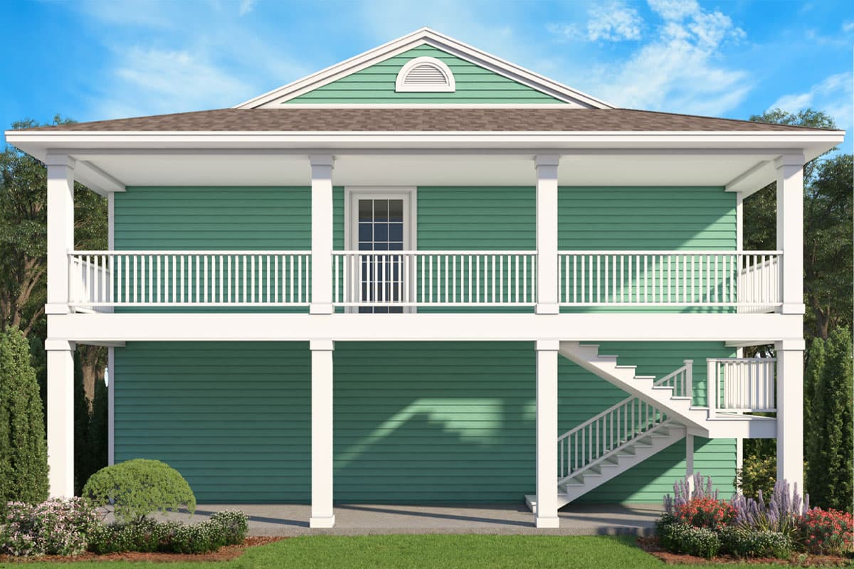 House plan exterior: Two-story home with elevated porch, white railing, front stairs, and a gable roof with a decorative vent.