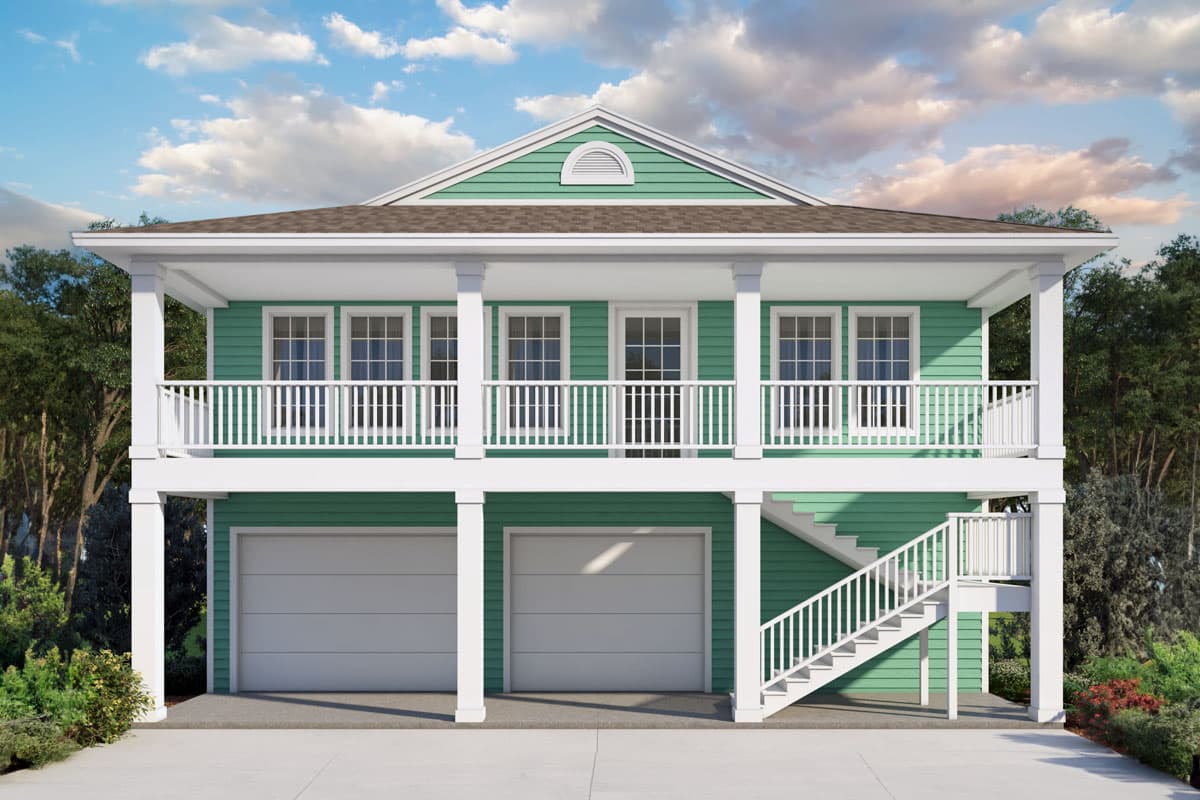 House plan exterior. Two-story home with a porch, garage, and gabled roof. Exterior features include a staircase and dormer.