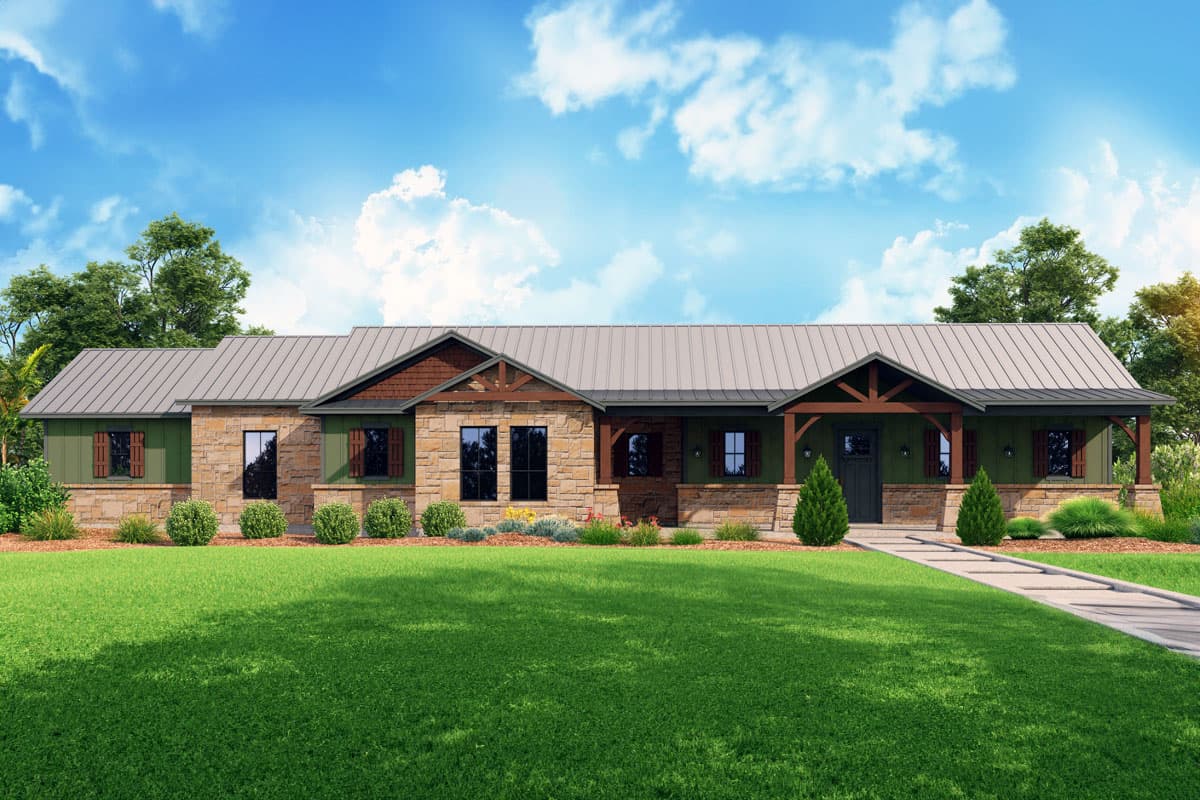 House plan exterior with stone and green siding, metal roof, Craftsman-style porch, and exposed gable rafters on a one-story house.