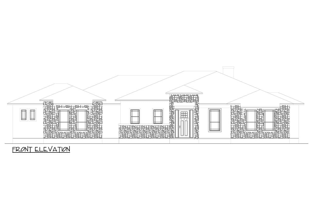 Front elevation drawing of a single-story house plan with stone accents and a central entryway.