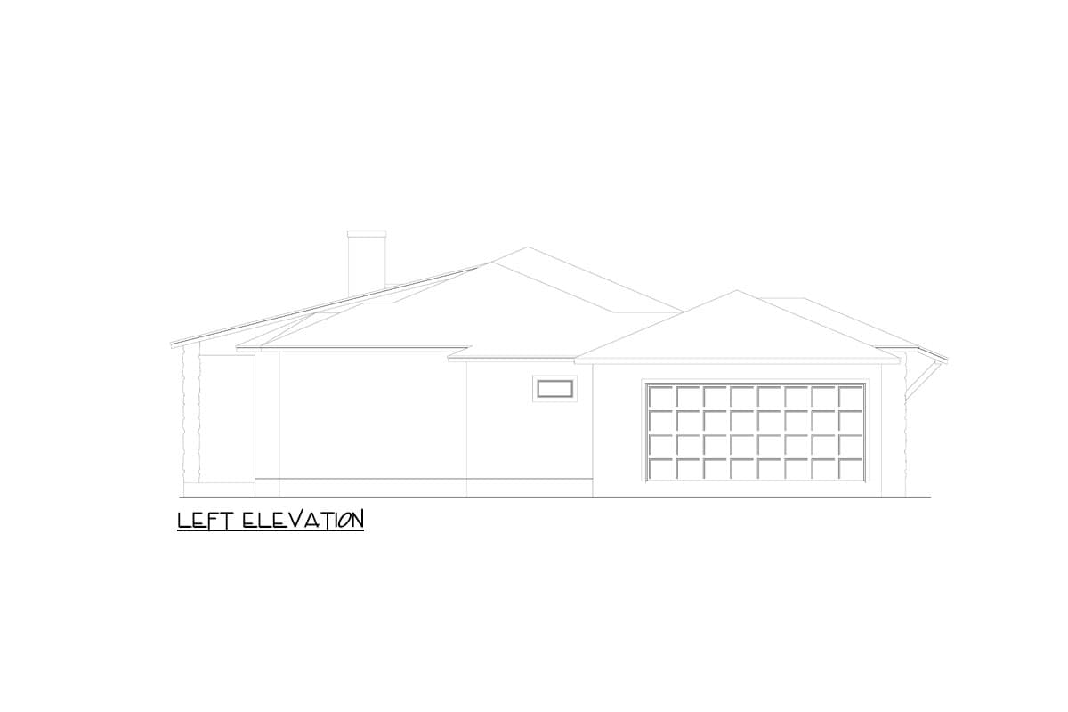 Left elevation house plan shows a single-story residence with a side-entry garage, chimney, and gabled rooflines.