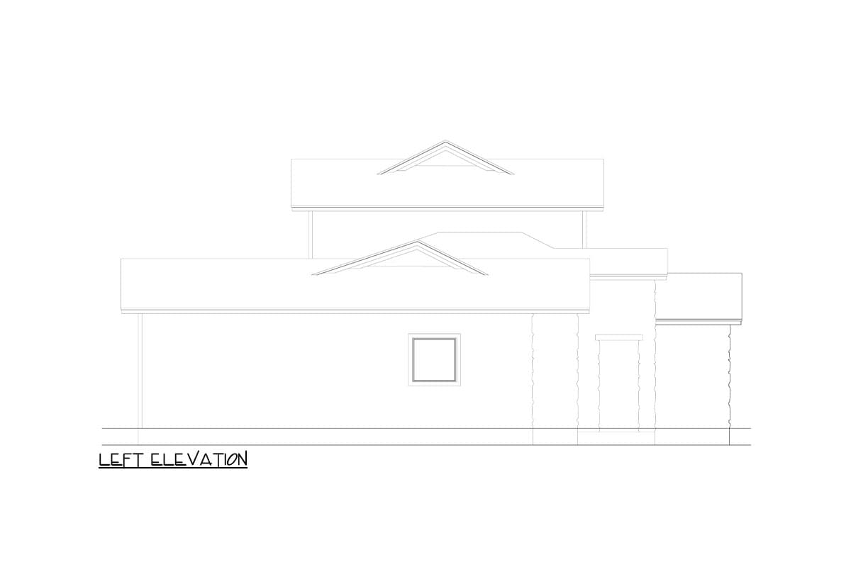 Left elevation of a house plan showing layered rooflines, a single window, and covered entrance with columns.