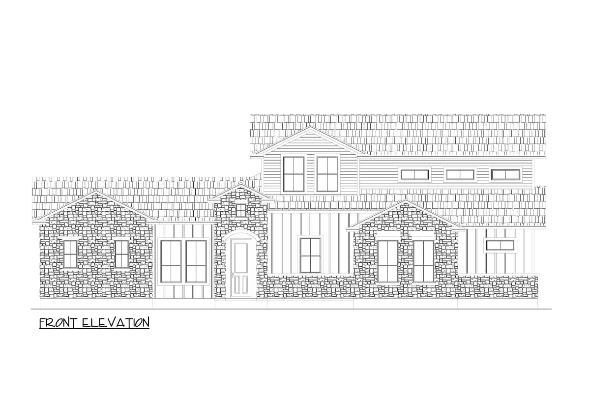 Front elevation drawing of a two-story house plan with stone accents, varied rooflines, and multiple gables.