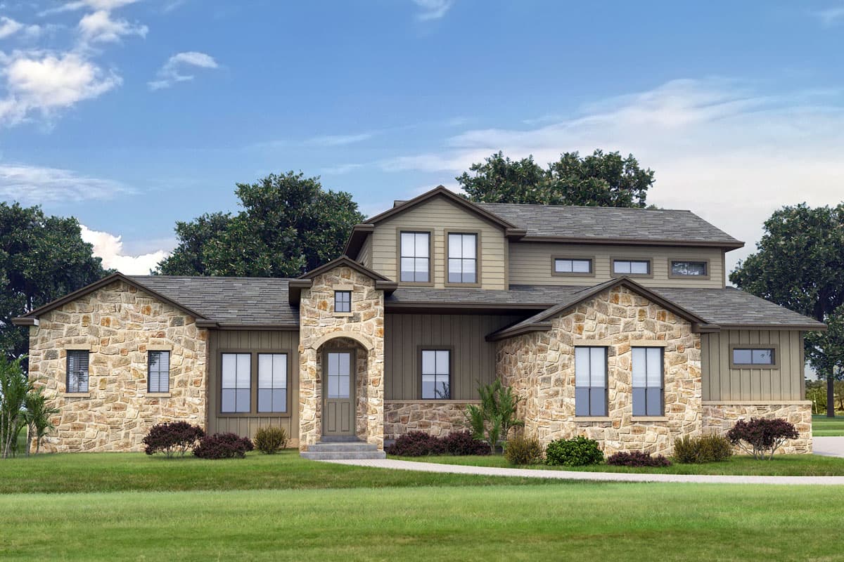 House plan exterior. Two-story, with stone veneer accents and a gabled roof. Features include an arched entryway and multiple dormers.