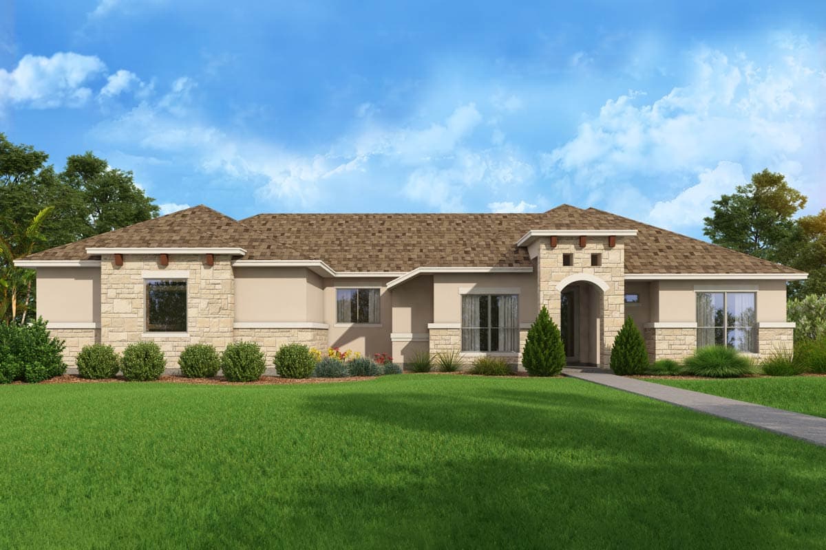 House plan exterior. Single-story with stone facade accents. Features include an arched entry, prominent roofline, and multiple windows.