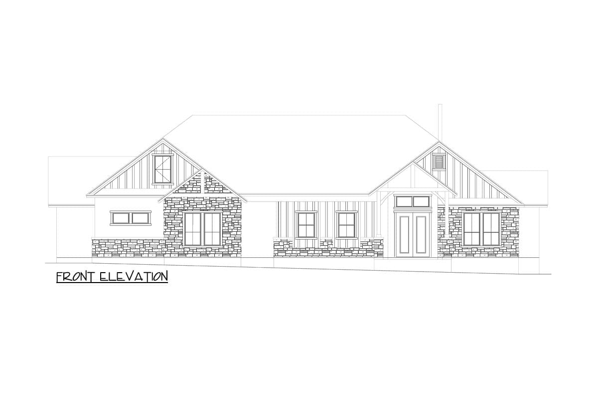 Front elevation drawing of a one-story house plan with stone accents, gables, and a covered porch.
