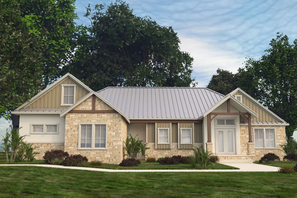 House plan exterior with stone and siding facade, metal roof, gables, and covered porch entry. Single story, with dormer.