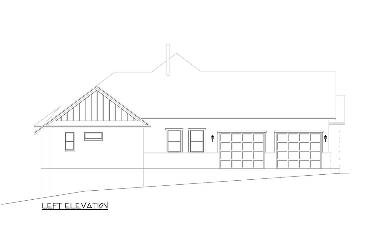 Left elevation drawing of a house plan with a gabled section, multiple windows, and three garage doors.