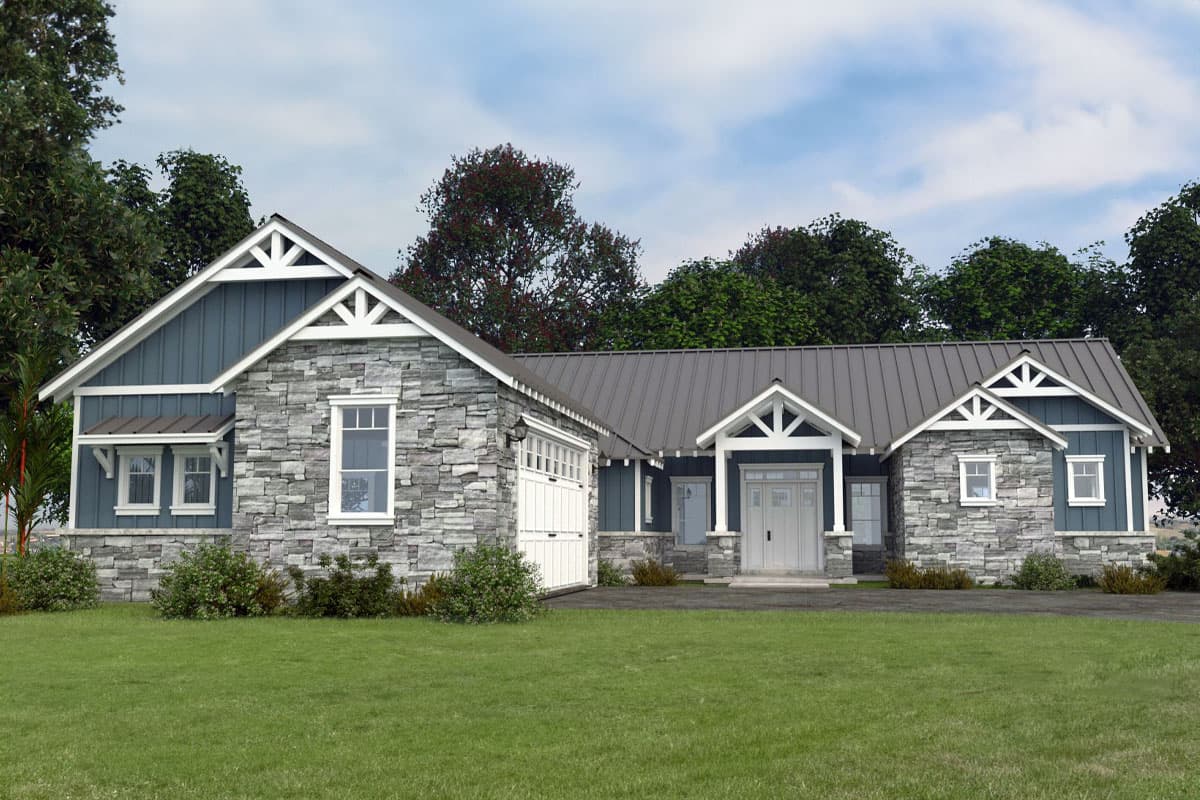House plan exterior with stone and siding facade, metal roof, gables with decorative brackets, and attached garage.