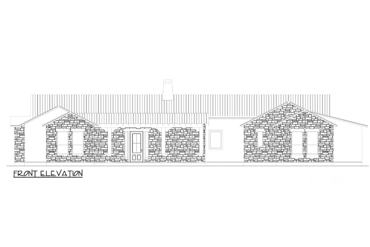 Front elevation drawing of a one-story house plan with stone exterior, gables, and covered entrance.