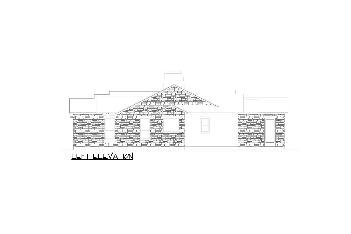 Left elevation of a house plan showing stone facade, multiple windows, pitched roof with gables, and a chimney.
