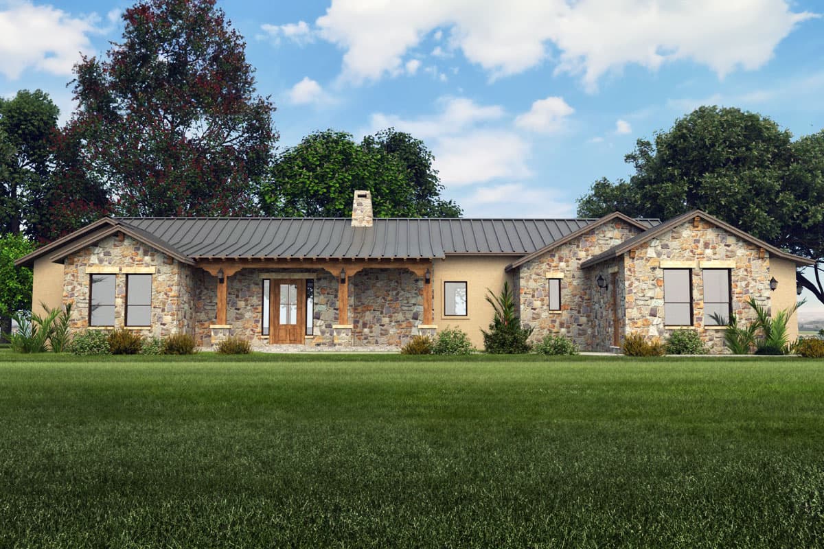 House plan exterior featuring a one-story, stone-clad facade, a covered front porch with exposed beams, and a metal roof.
