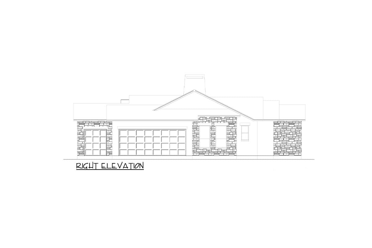 Right elevation of a house plan featuring a three-car garage, stone accents, gable roofline, and chimney.