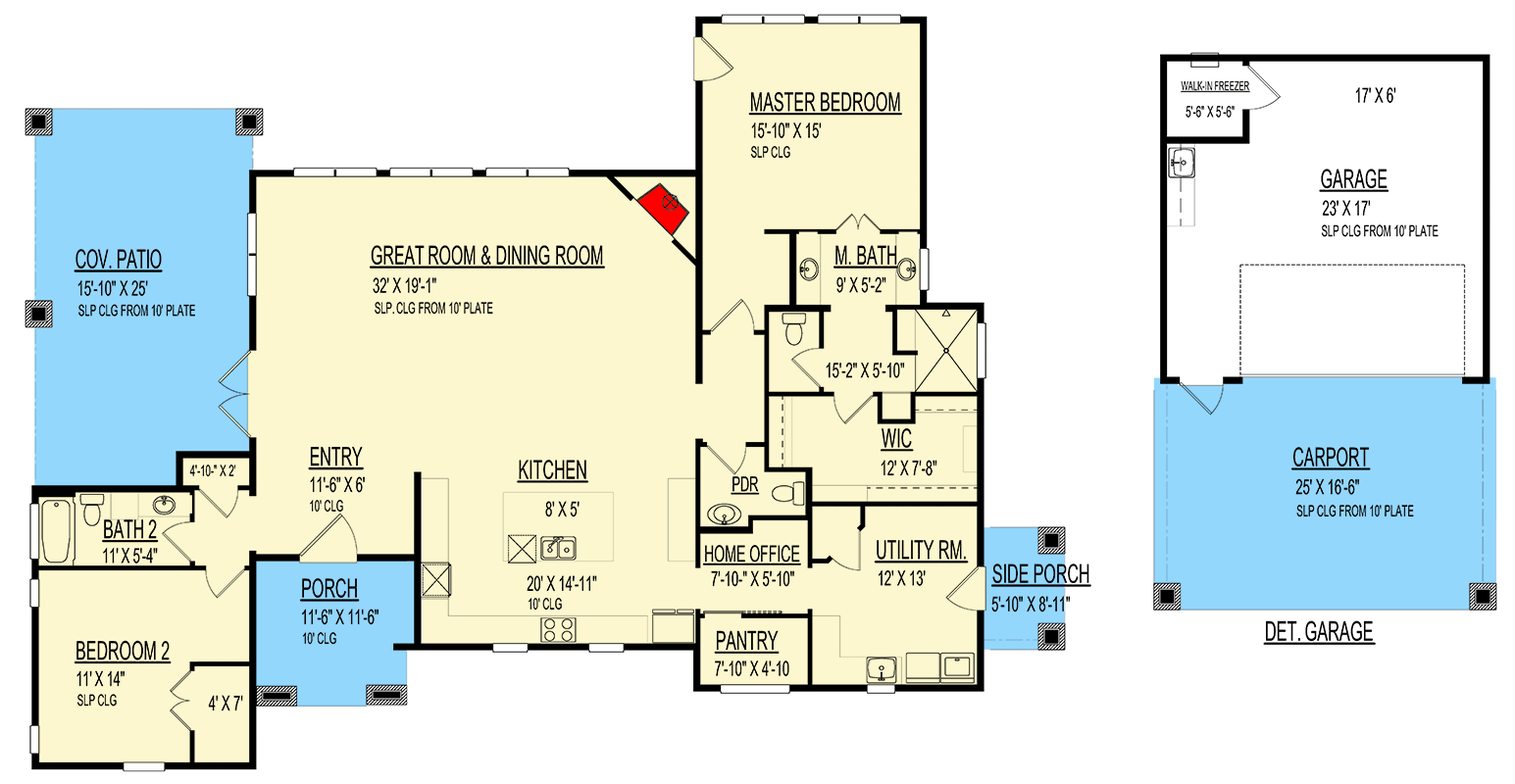 Plan 264128KMD: 2 Bedroom Mid Century Modern House Plan with Detached Garage with Carport - 2477 Sq Ft - Floor Plan - Main Level - Mid Century Modern, Ranch