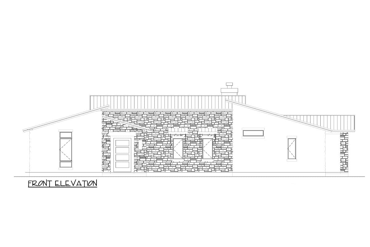 Front elevation drawing of a single-story house plan with stone facade, metal roof, and multiple windows.