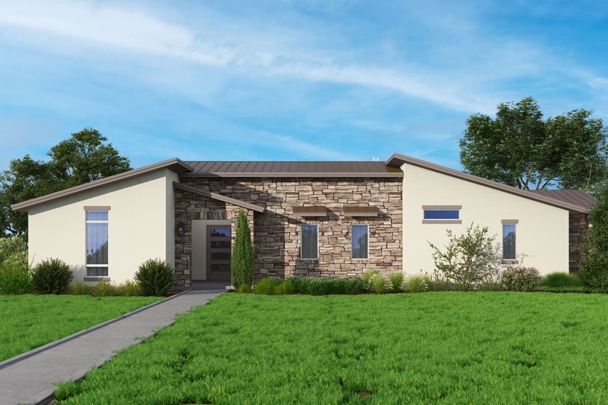 House plan exterior with stone veneer, flat roof, and angled roofline. Features include a covered entry and multiple rectangular windows.