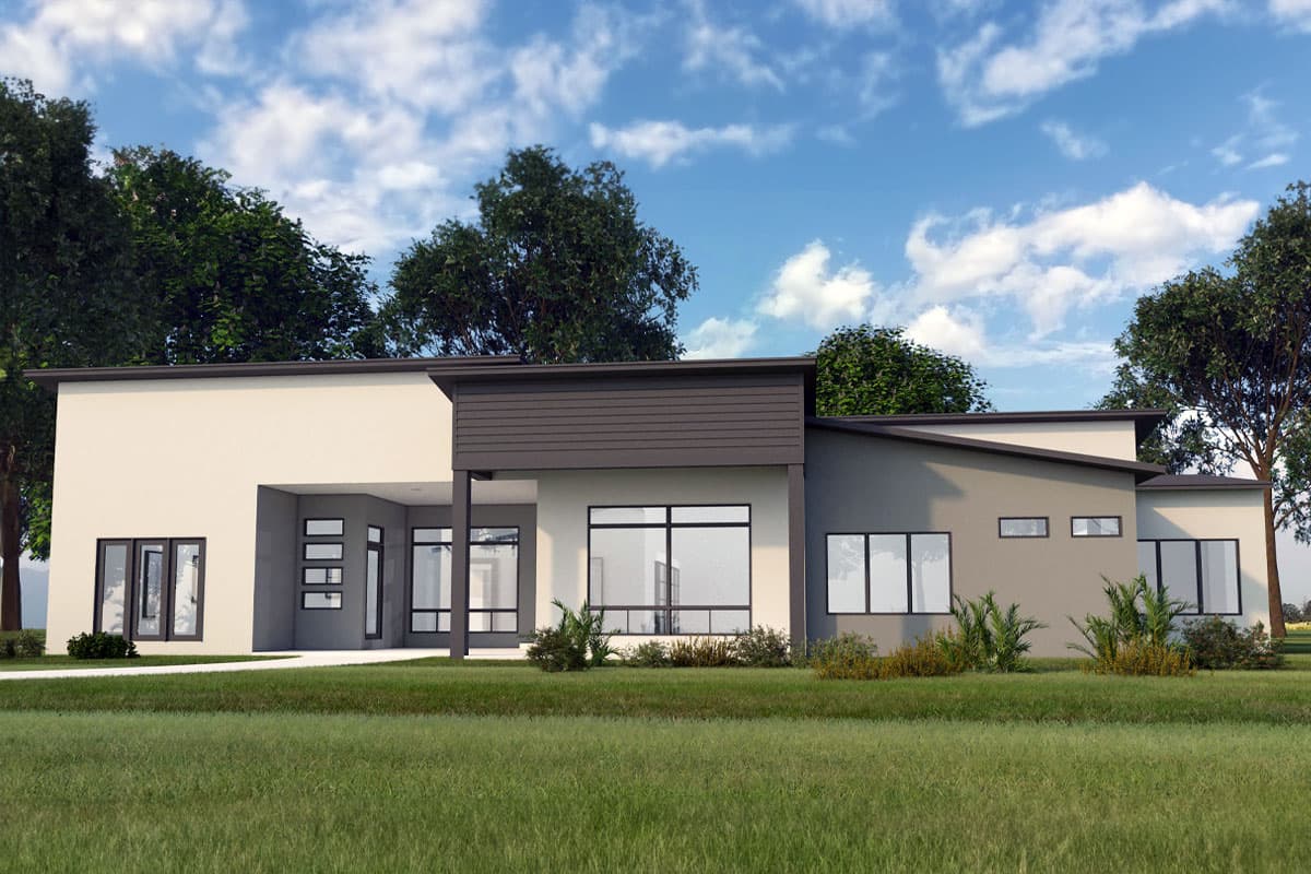House plan exterior with modern design. Features include a flat roof, large windows, and an overhang. One-story home with a covered entry.
