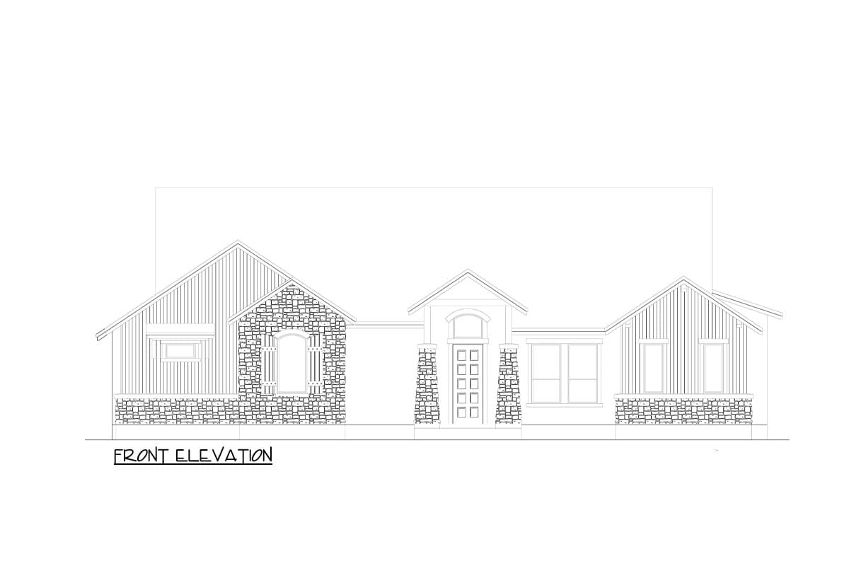 Front elevation drawing of a single-story house plan with stone and vertical siding, gabled rooflines, and a covered entry.