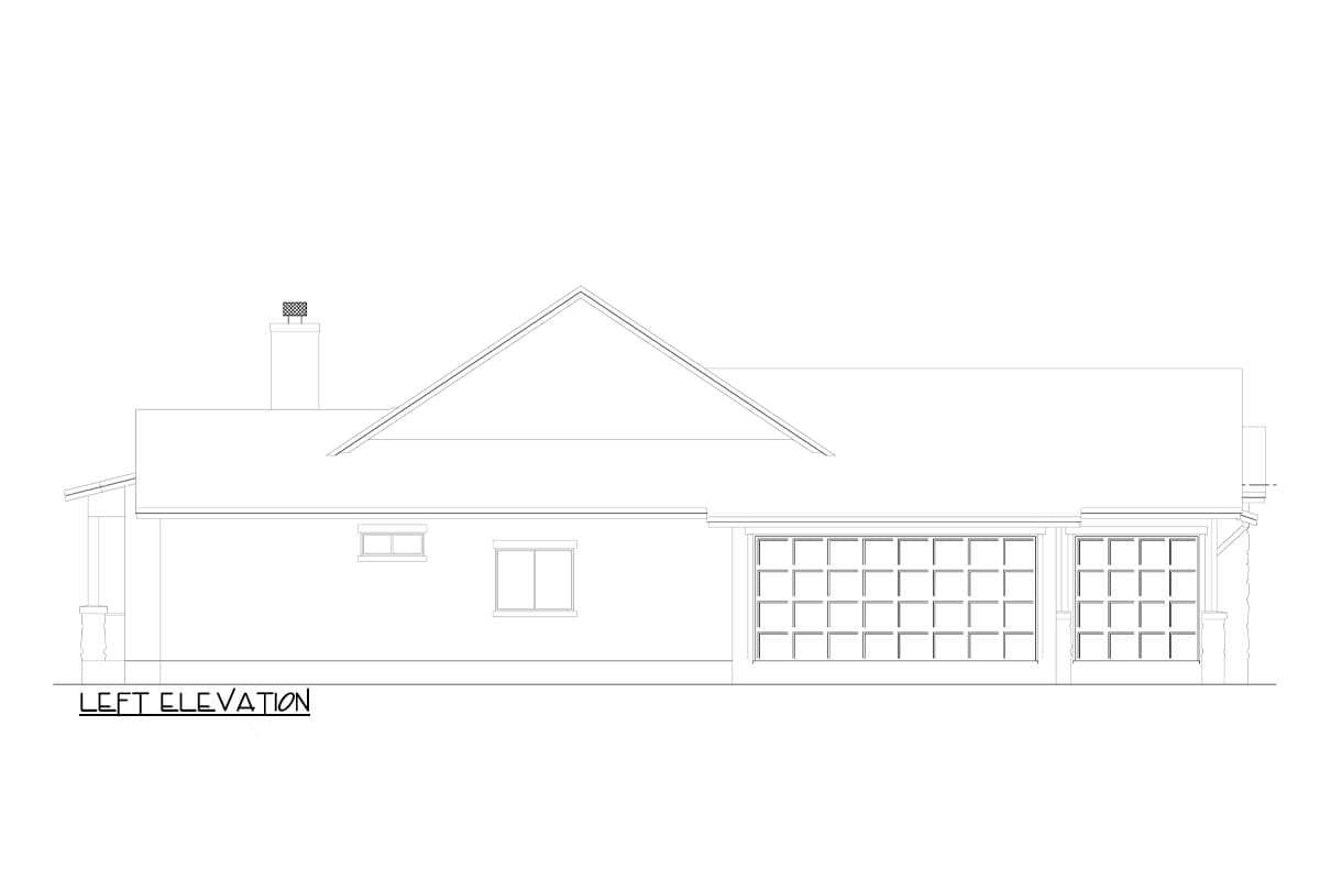 Left elevation drawing of a house plan showing a gable roof, chimney, windows, and a three-car garage.