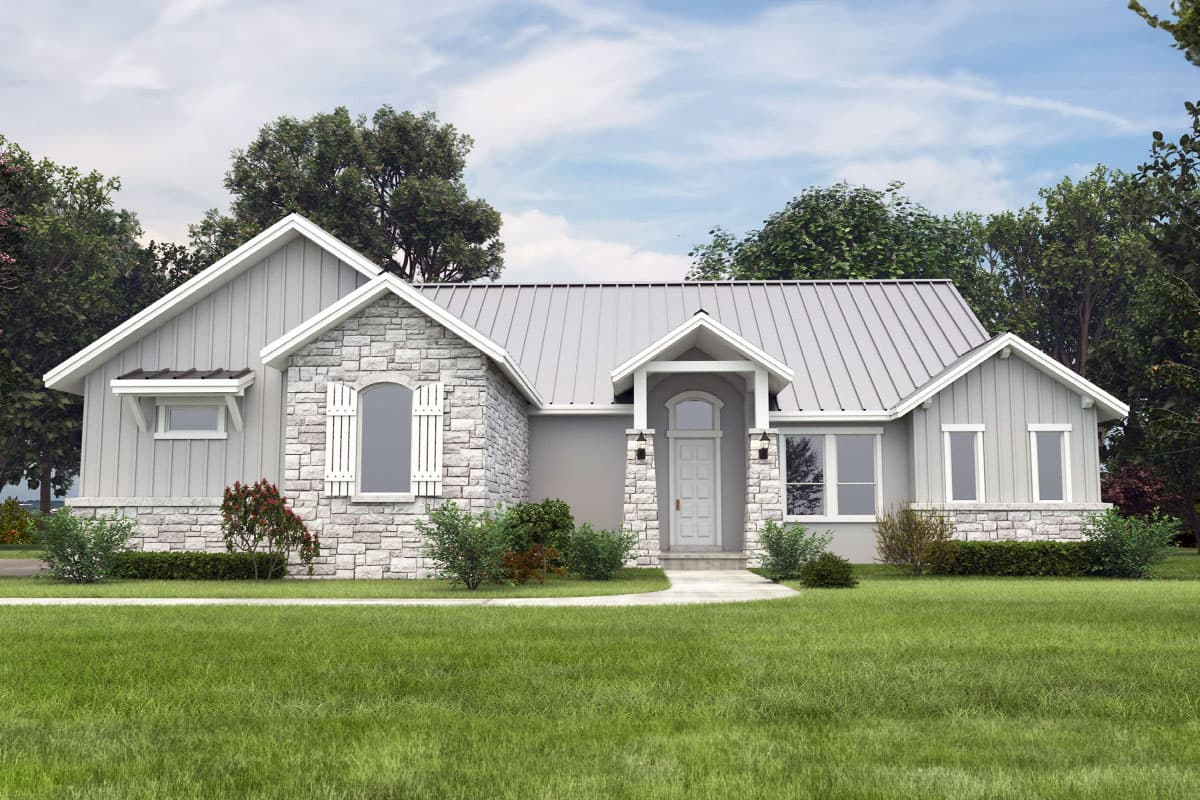 House plan exterior. Ranch-style home with a gabled roof, stone accents, and covered entry porch. Features include board and batten siding.