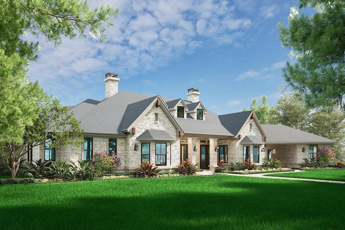 House plan exterior: One-story stone home with gables, dormers, prominent chimneys, and covered entry.