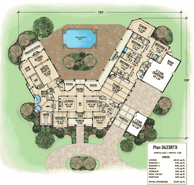 Plan 36238TX: 4-Bed Hill Country Ranch House Plan with V-Shaped Footprint - 6610 Sq Ft - Floor Plan - Main Level - Country, Hill Country, Ranch, Traditional