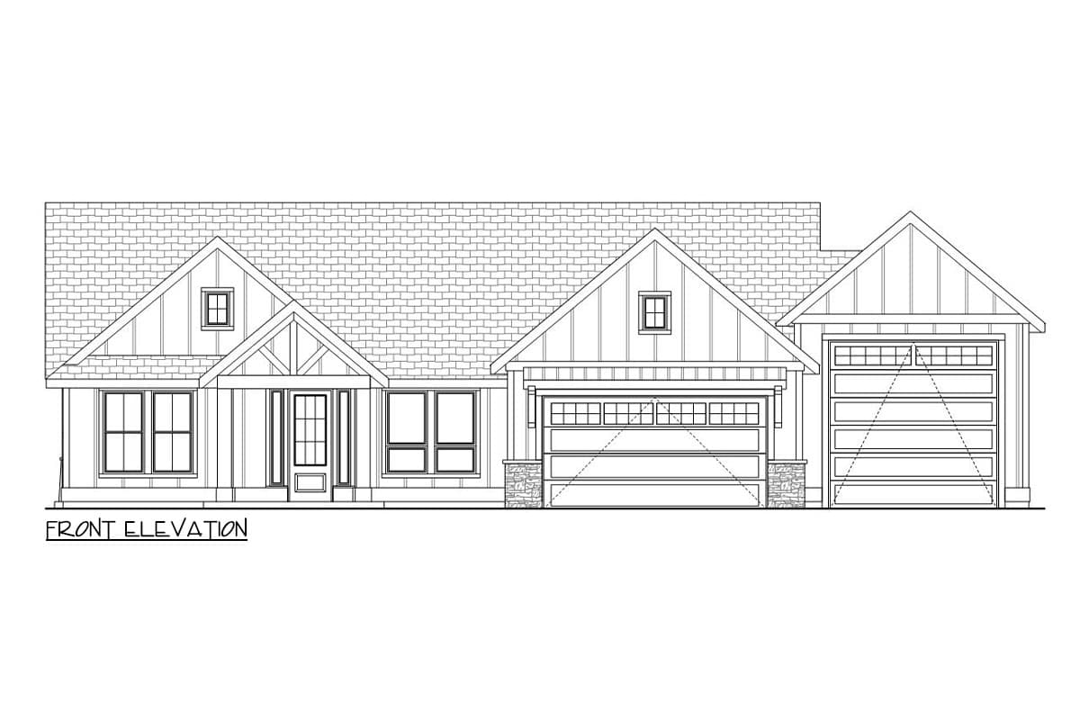 Front elevation drawing of a one-story house plan with a prominent gable, covered entry, and two-car garage.