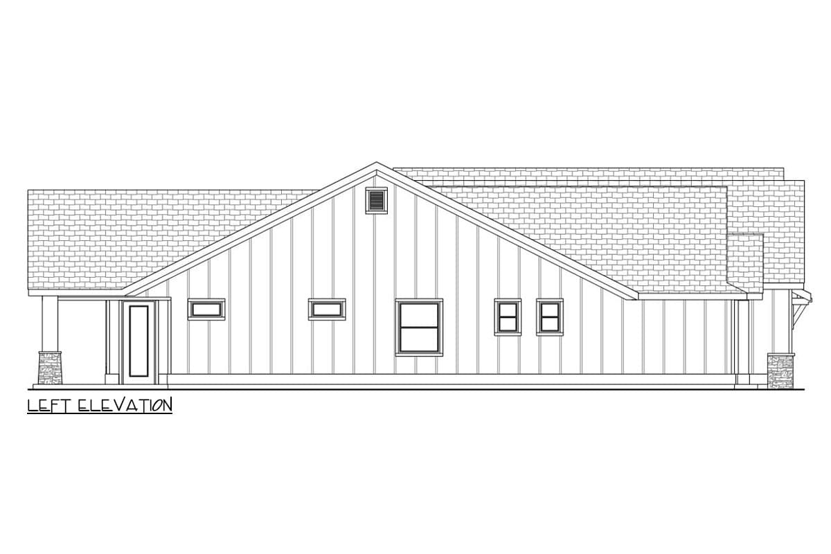 Left elevation drawing of a one-story house plan with a steeply pitched gable roof, vertical siding, and covered entry.