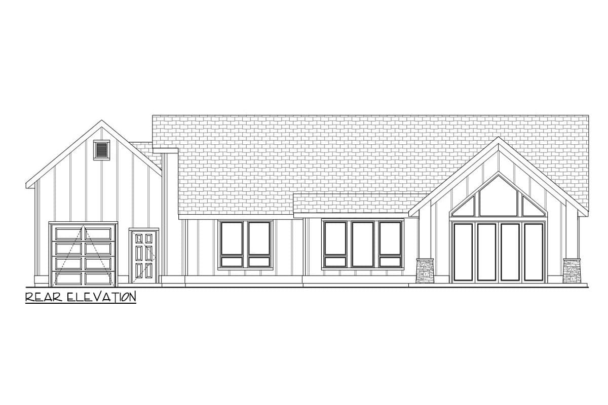 Rear elevation of a house plan featuring a gabled garage, board-and-batten siding, and a large gable with glass doors.