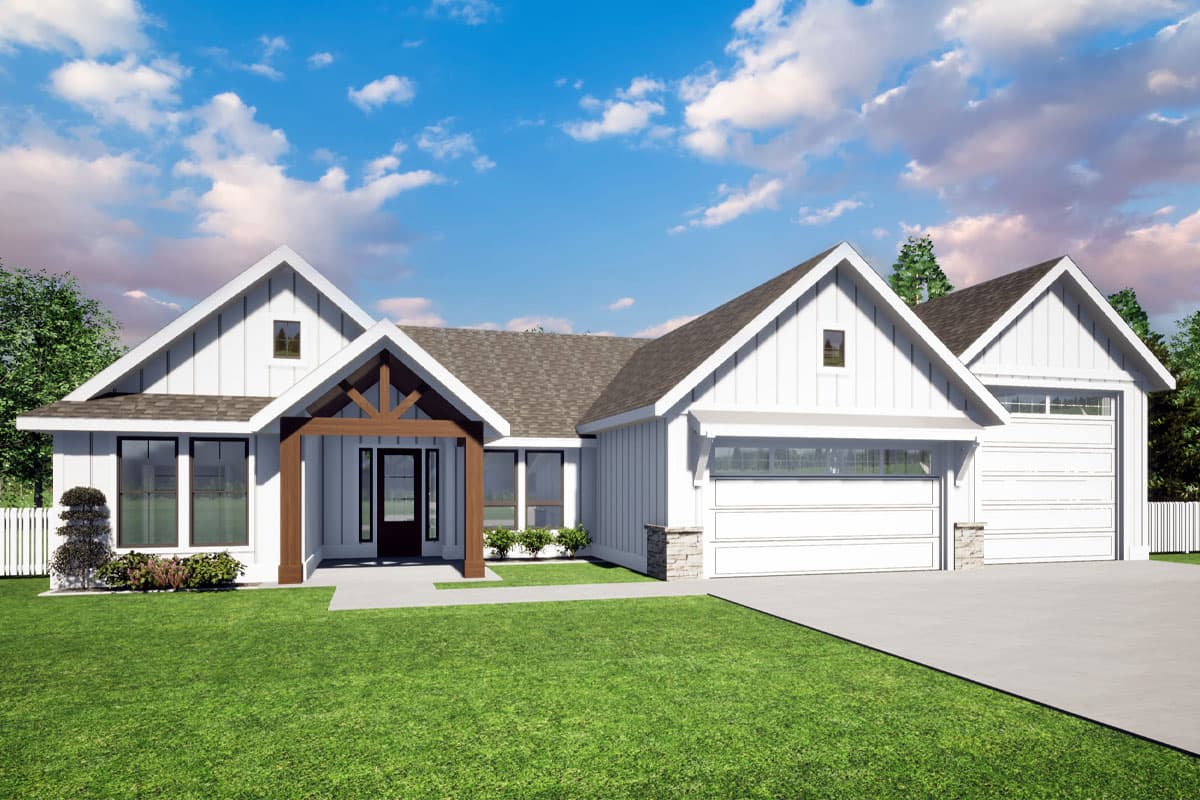 House plan exterior rendering. One-story Modern Farmhouse with gable roof, covered porch with exposed beams, and attached two-car garage.