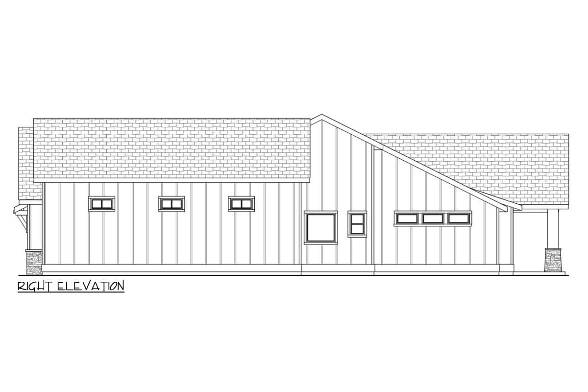 Right elevation house plan drawing showing a single-story structure with a varied roofline, vertical siding, and multiple horizontal windows.