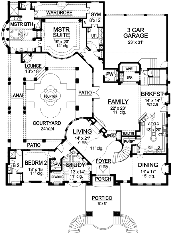 Plan 36246TX: Luxury House Plan with Central Courtyard - Floor Plan - Main Level - European, Mediterranean, Traditional