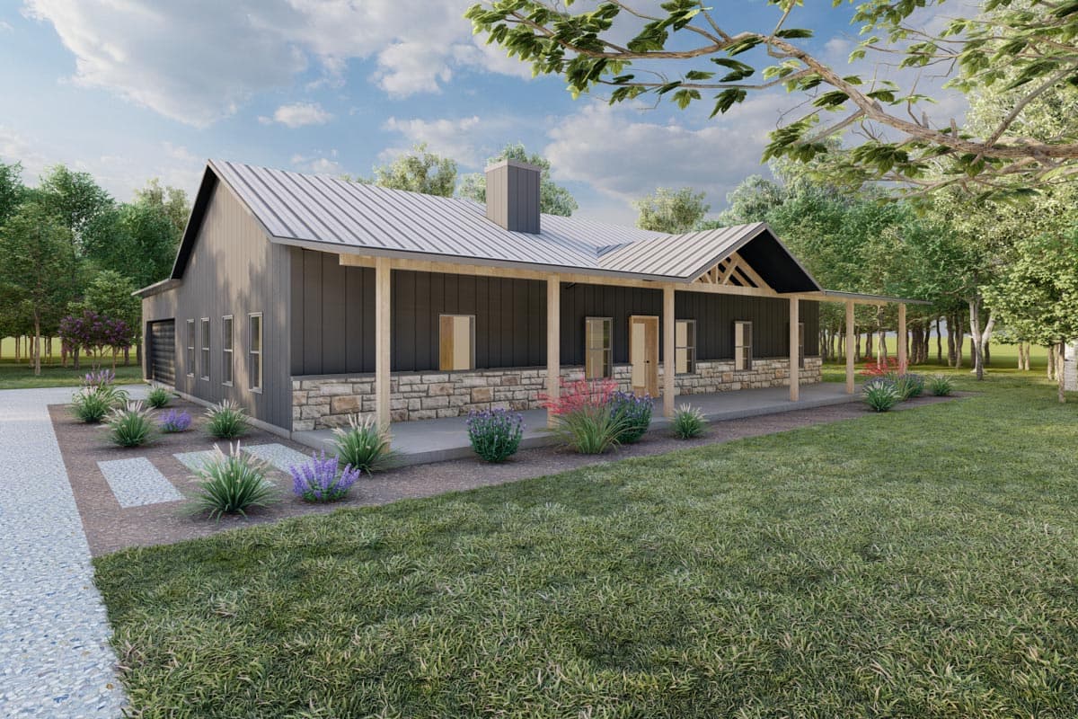 Modern Farmhouse house plan exterior with stone wainscoting, standing seam metal roof, wide porch, and side-entry garage.