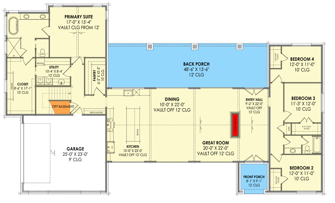 Plan 818130JSS: Contemporary Scandinavian Inspired House Plan with Bonus Room - Floor Plan - Main Level - Contemporary, Modern, Ranch, Scandinavian