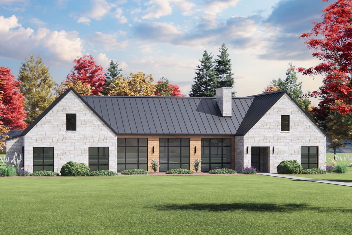 House plan exterior featuring a Modern Farmhouse style with a gable roof, stone facade, and a covered entryway. One story home.