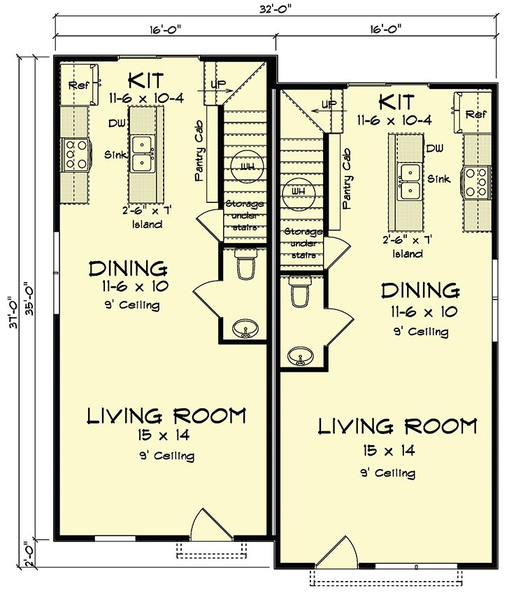 Plan 52353WM: Two-Story Traditional Duplex House Plan with 2 Bed Units - 1120 Sq Ft Each - Floor Plan - Main Level - New American, Traditional