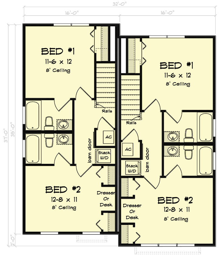 Plan 52353WM: Two-Story Traditional Duplex House Plan with 2 Bed Units - 1120 Sq Ft Each - Floor Plan - 2nd Floor - New American, Traditional