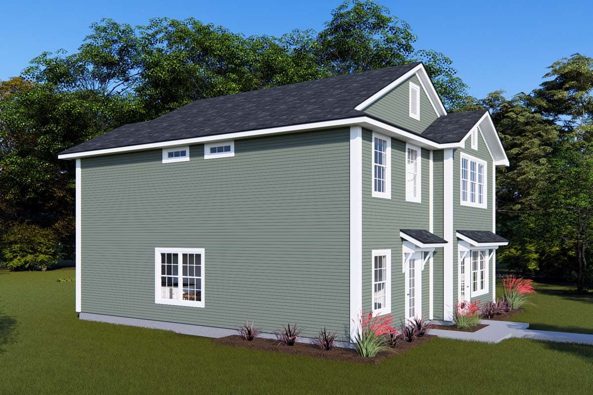 House plan exterior: Two-story home with gables, dormers, and covered entryways.