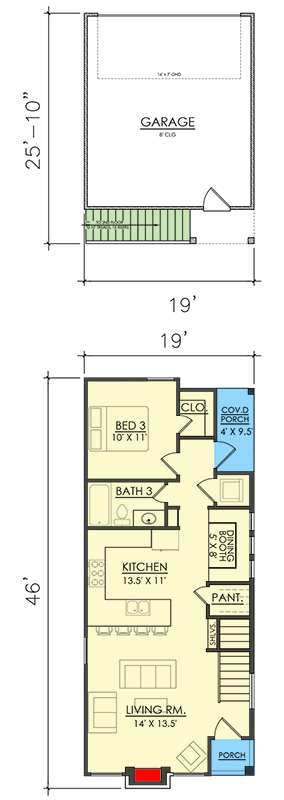 Plan 421557CHD: Narrow 3-Bed Townhome Plan with Optional 1-Bed Apartment Above Garage - 1793 Sq Ft - Floor Plan - Main Level - Contemporary, Cottage, New American