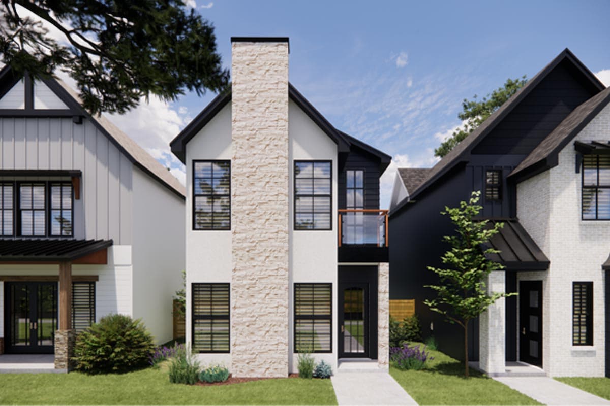 House plan exterior with two stories and a modern style. Features include gabled rooflines, stone chimney, and a balcony with glass railing.