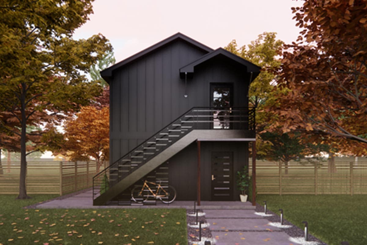Modern house plan exterior, two stories, with dark siding, prominent exterior staircase, and a covered lower entrance.