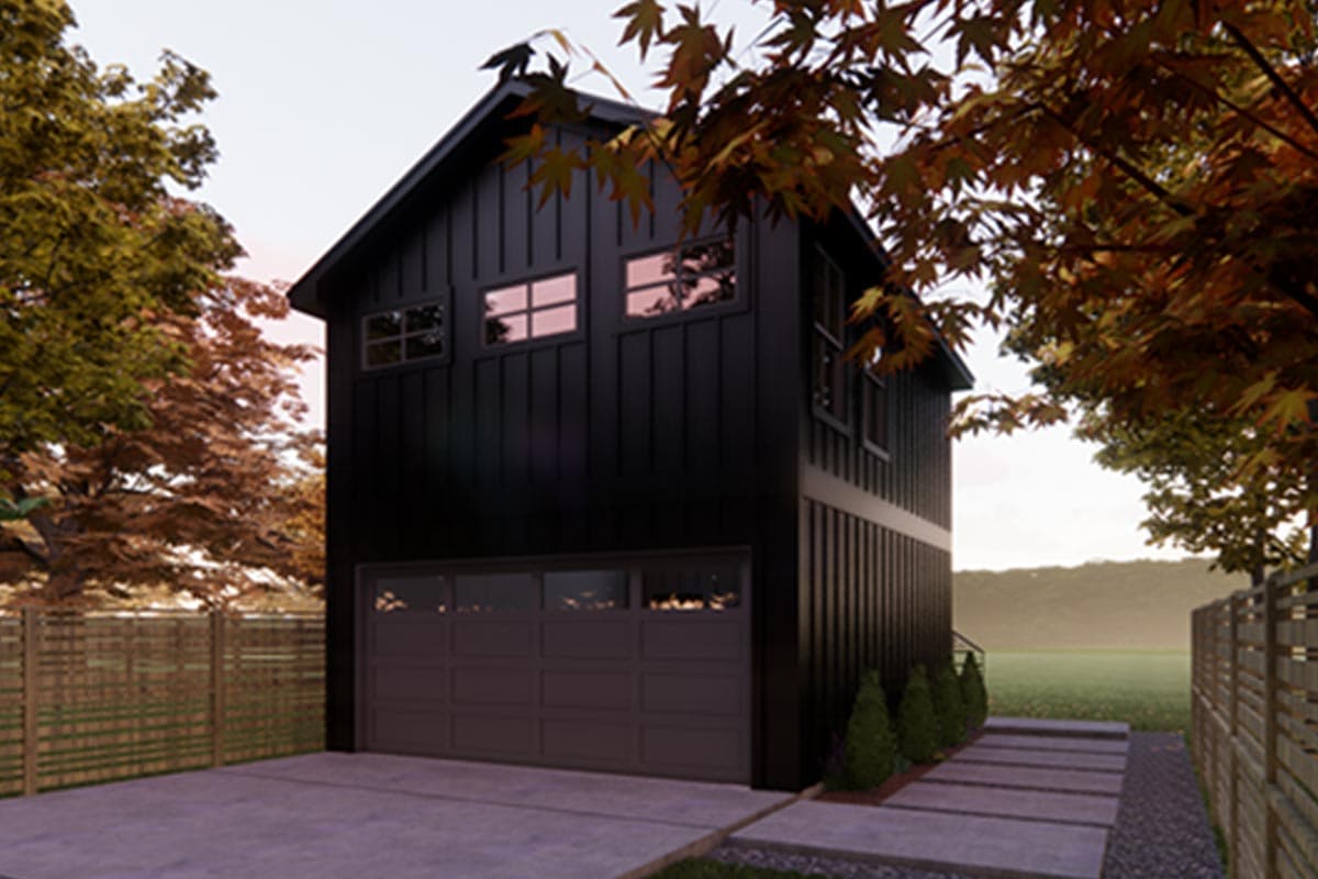 Modern house plan exterior with vertical siding, gabled roof, multiple windows, and attached garage.
