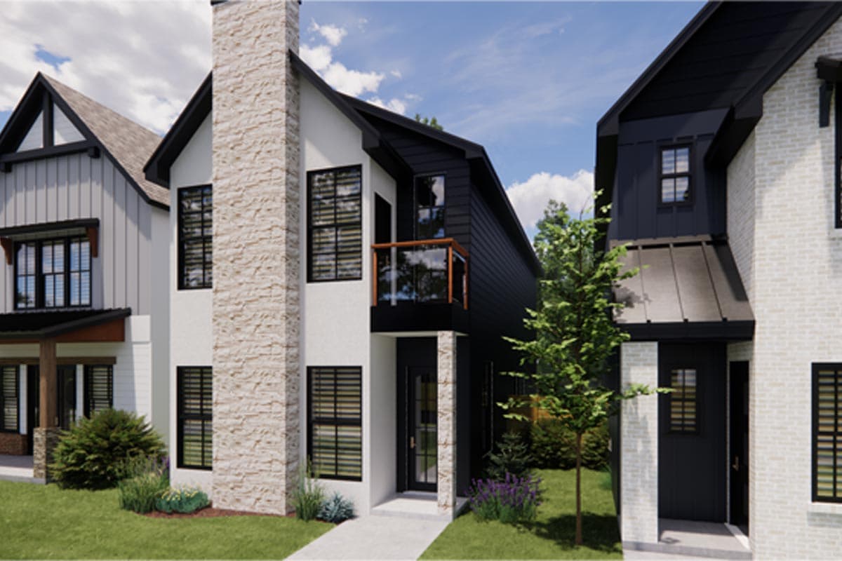 House plan exterior: Modern style, two-story with prominent stone chimney, balcony, and contrasting dark siding.
