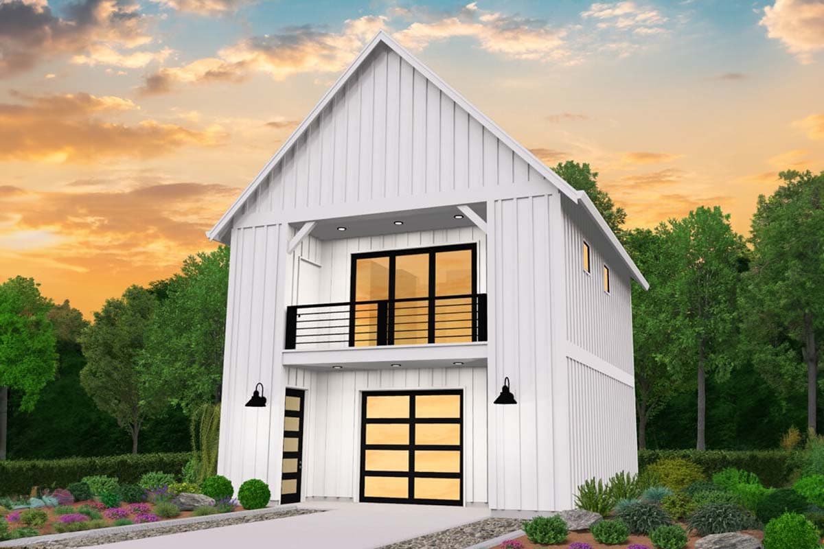 Modern Farmhouse house plan exterior, two stories, vertical siding, prominent gable, second-story balcony, and garage.