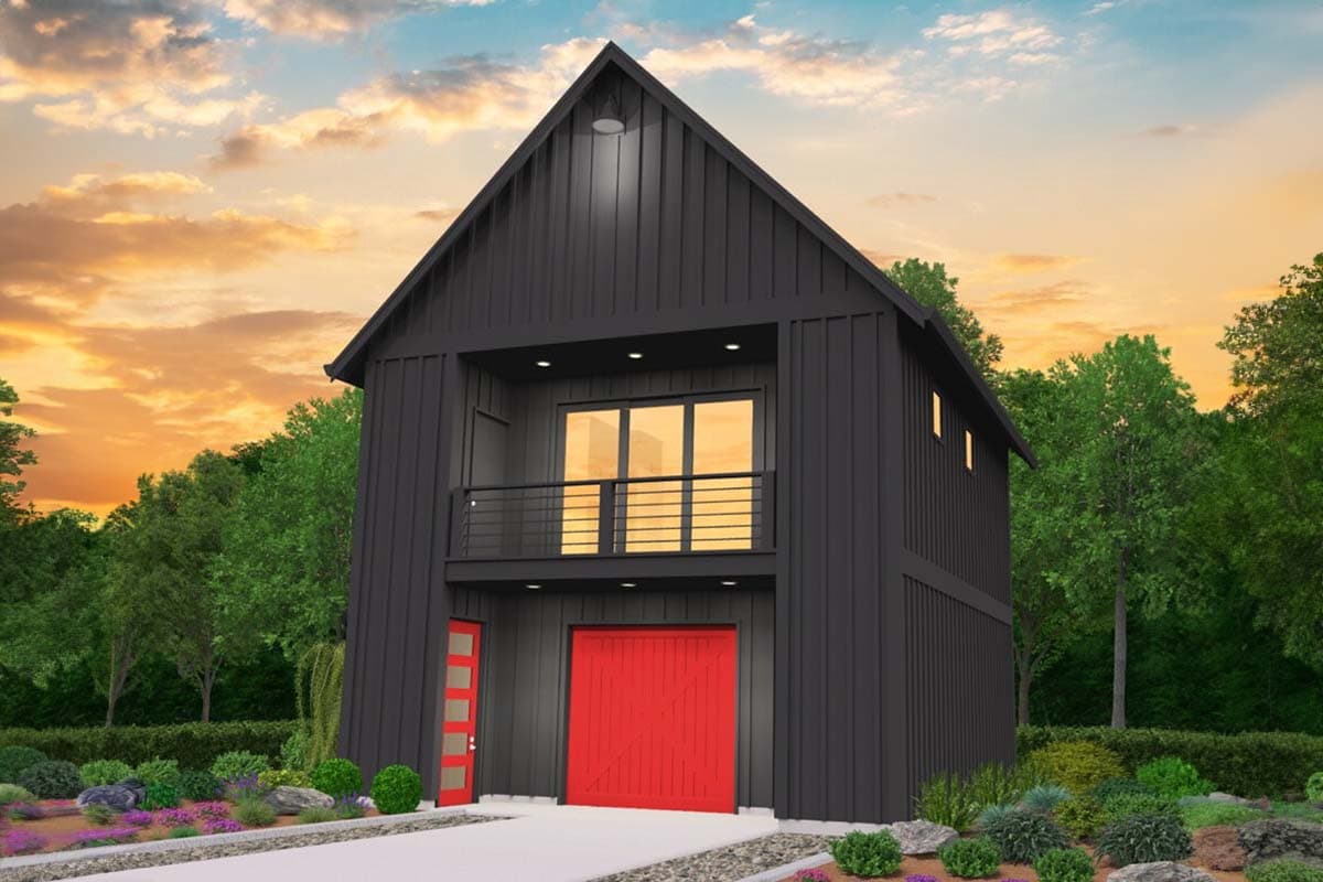 Modern Farmhouse house plan exterior, two stories, with dark siding, red garage door, and second-story balcony.